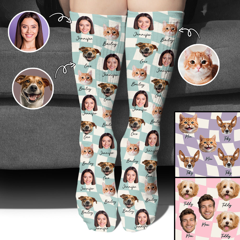 Chaussettes personnalisées pour chat avec n'importe quelle photo à télécharger sur un motif à carreaux et de nombreuses couleurs de fond - Chaussettes personnalisées pour chat