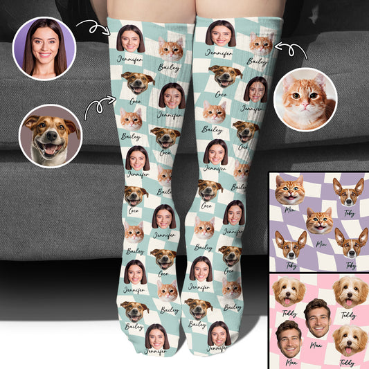 Chaussettes personnalisées pour chat avec n'importe quelle photo à télécharger sur un motif à carreaux et de nombreuses couleurs de fond - Chaussettes personnalisées pour chat