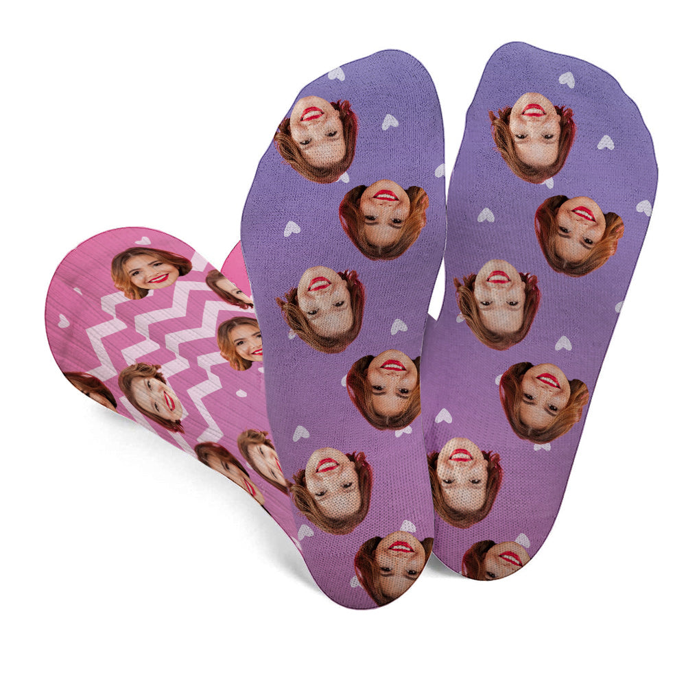 Chaussettes personnalisées pour meilleure amie, motif violet et visage personnalisé