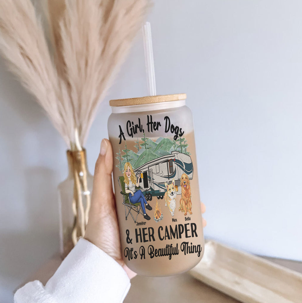A Girl Her Dog And Her Camper - Camping gift for dog lover - Personalized Can Glass