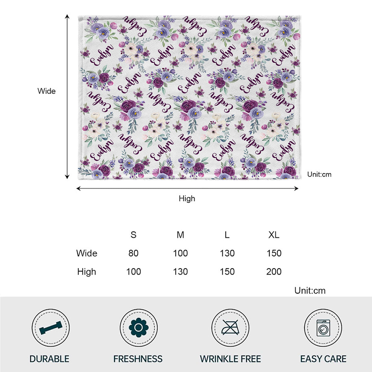 Couverture personnalisée pour fille avec nom et fleurs violettes