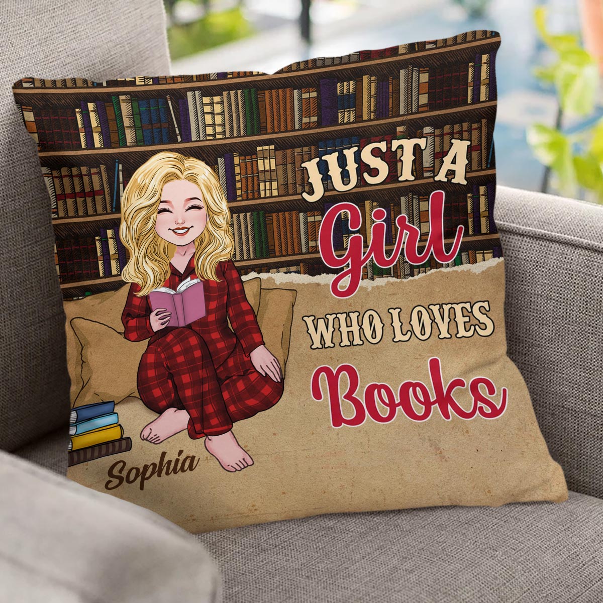 Coussin décoratif personnalisé « Juste une fille qui aime les livres »