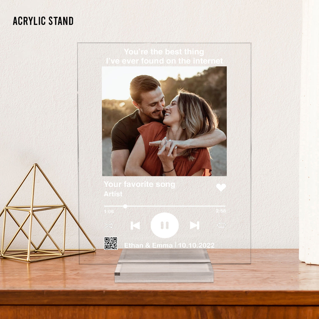 Plaque acrylique transparente personnalisée pour couple avec photo et chanson préférée (code QR scannable).