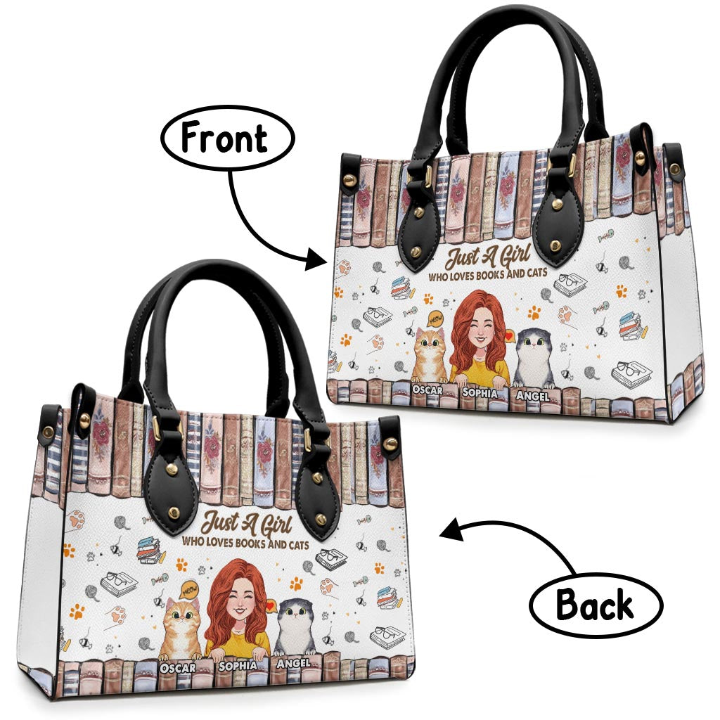 Sac à main en cuir personnalisé « J’aime les livres et les chats »