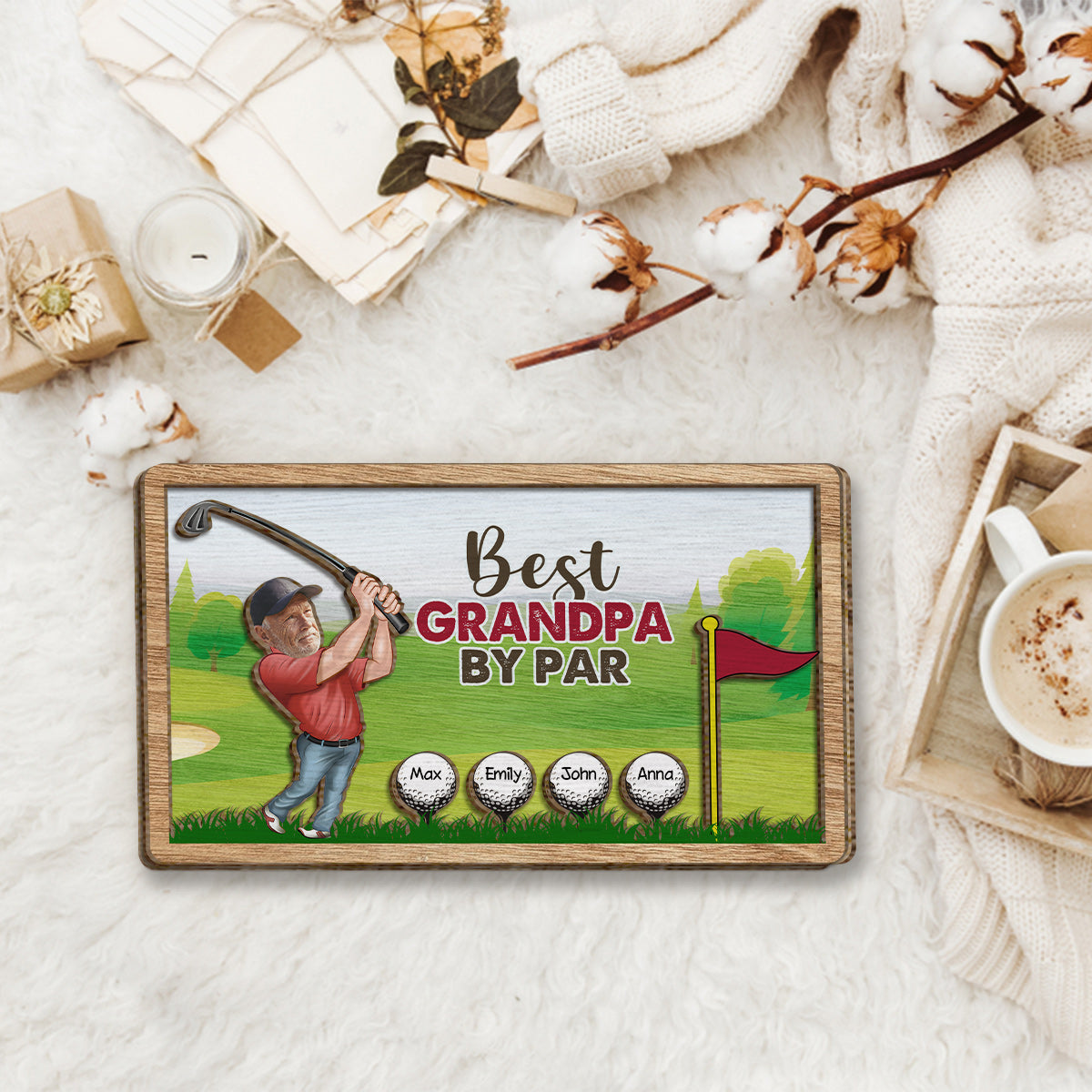 Meilleur grand-père selon le par - Plaque de bois personnalisée à 2 couches sur le thème du golf