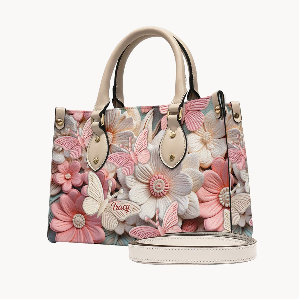 Papillons et fleurs - Sac à main en cuir personnalisé avec papillon
