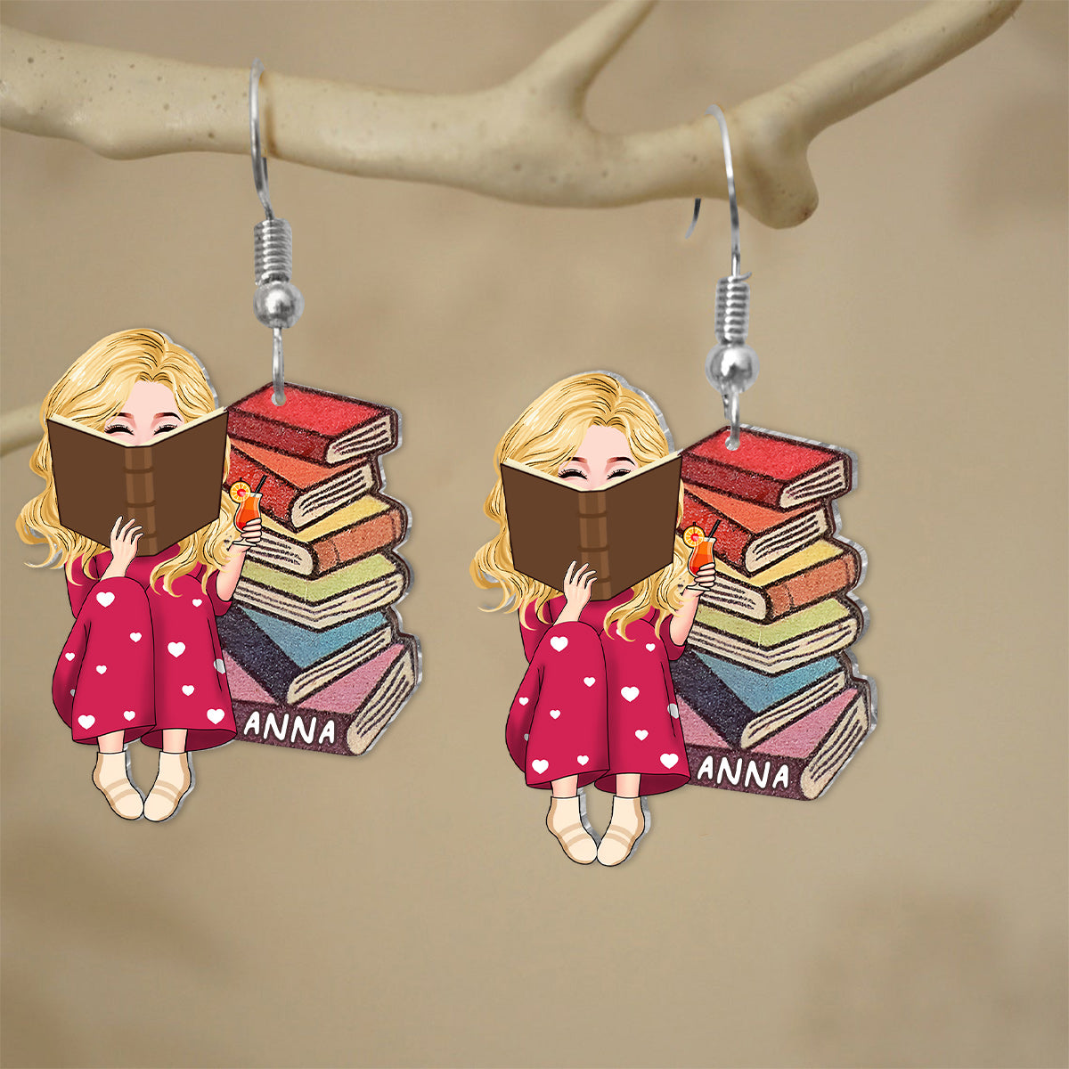 Boucles d'oreilles personnalisées avec portrait pour les amoureux des livres - Boucles d'oreilles personnalisées en forme de livre