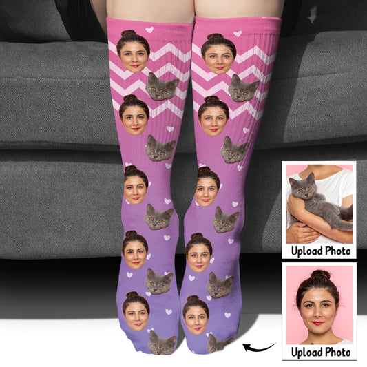 Chaussettes personnalisées pour chat à motif violet - Face personnalisée