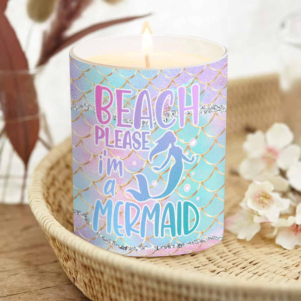 Bougie personnalisée « Beach Please I'm A Mermaid » avec couvercle en bois, idéale pour les amoureux de la mer