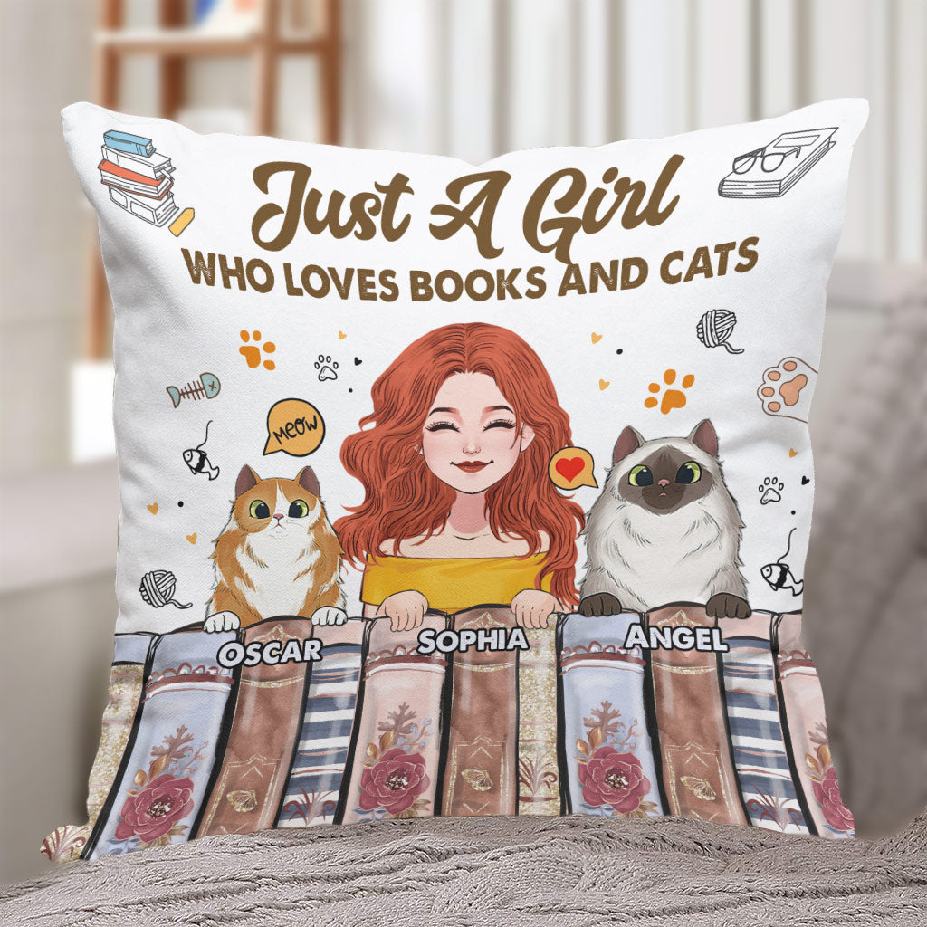Coussin décoratif personnalisé « J’aime les livres et les chats »
