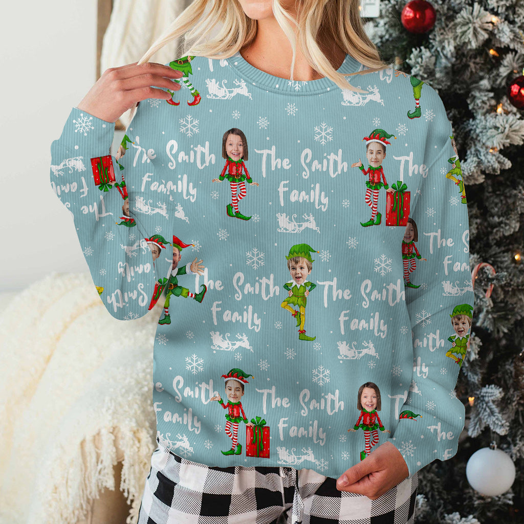Pull moche bleu des lutins de Noël - Pull moche personnalisé pour toute la famille