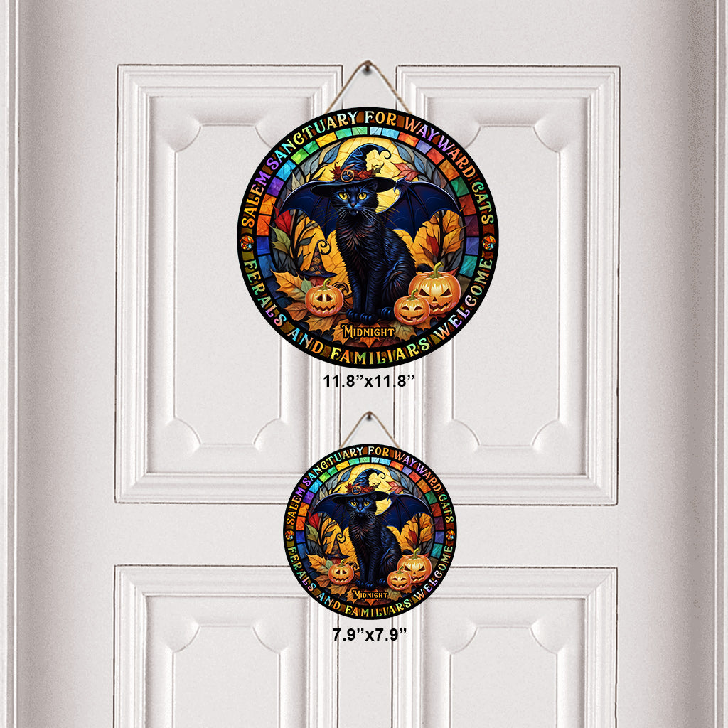 Salem Sanctuary for Wayward Cats - Personalized Black Cat Round Wood Sign