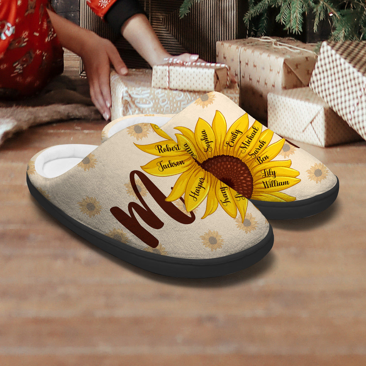 Pantoufles personnalisées pour maman et enfants, motif tournesol et papillons