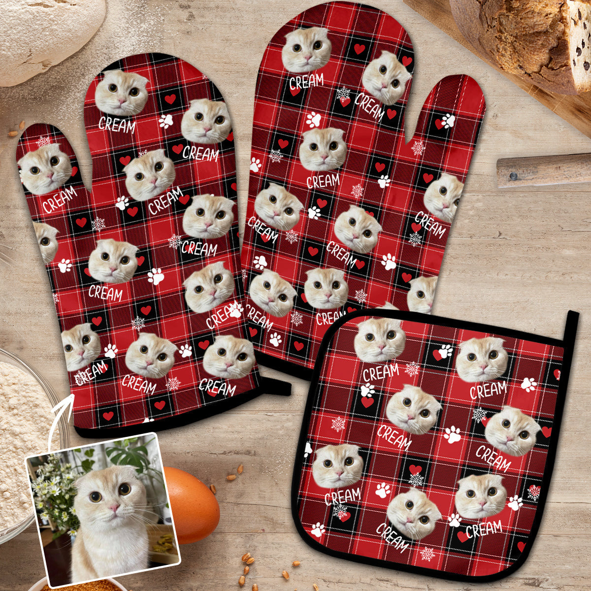 Couverture photo personnalisée pour animaux de compagnie - Cadeau idéal pour les amoureux des chats et des chiens - Ensemble de gants de cuisine et maniques personnalisés