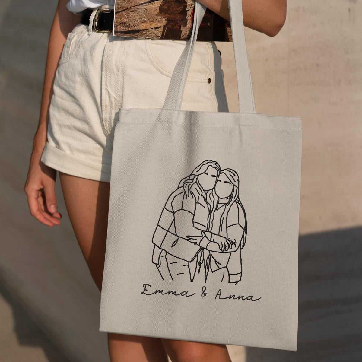 Sac fourre-tout brodé personnalisé avec photo au trait - Sac fourre-tout brodé personnalisé pour frères et sœurs