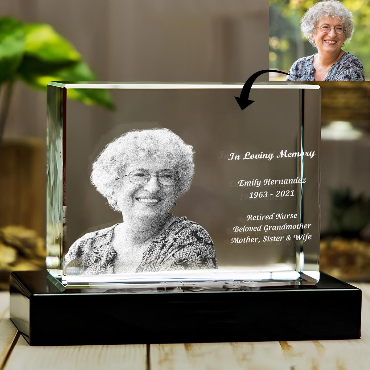 En souvenir de - Cadeau commémoratif pour la perte d'un être cher - Lampe en cristal cubique 3D gravée au laser et personnalisée