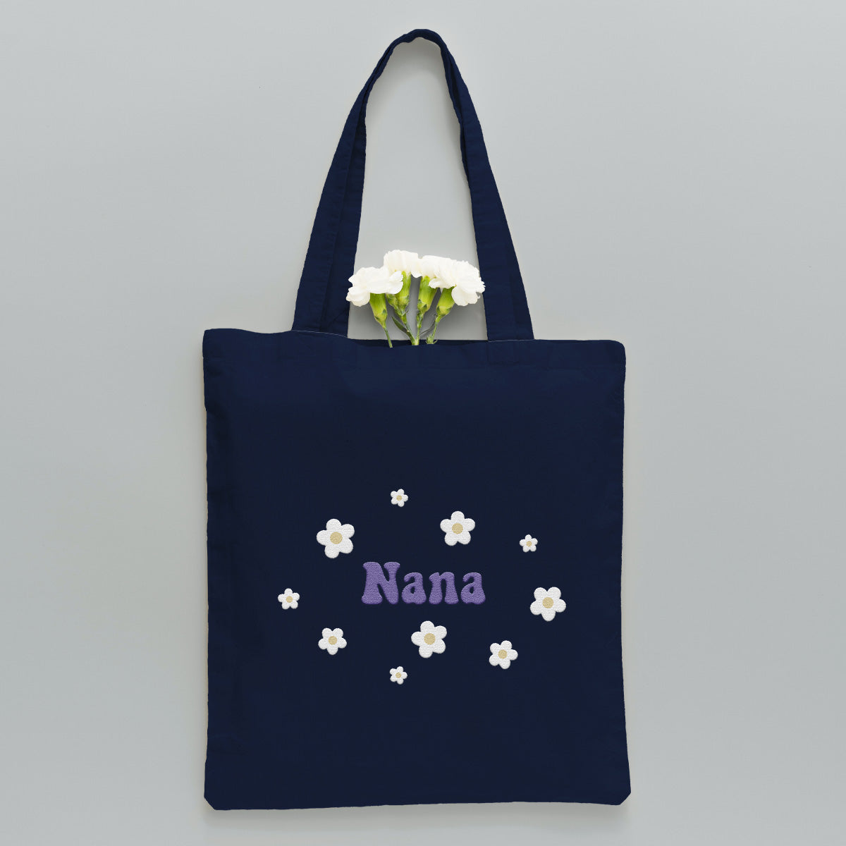 Sac fourre-tout brodé personnalisé avec nom et fleur - Nom de grand-mère - Sac fourre-tout brodé personnalisé