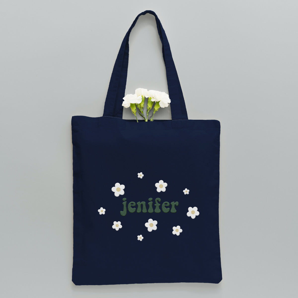 Sac fourre-tout brodé personnalisé avec nom et fleur pour couple