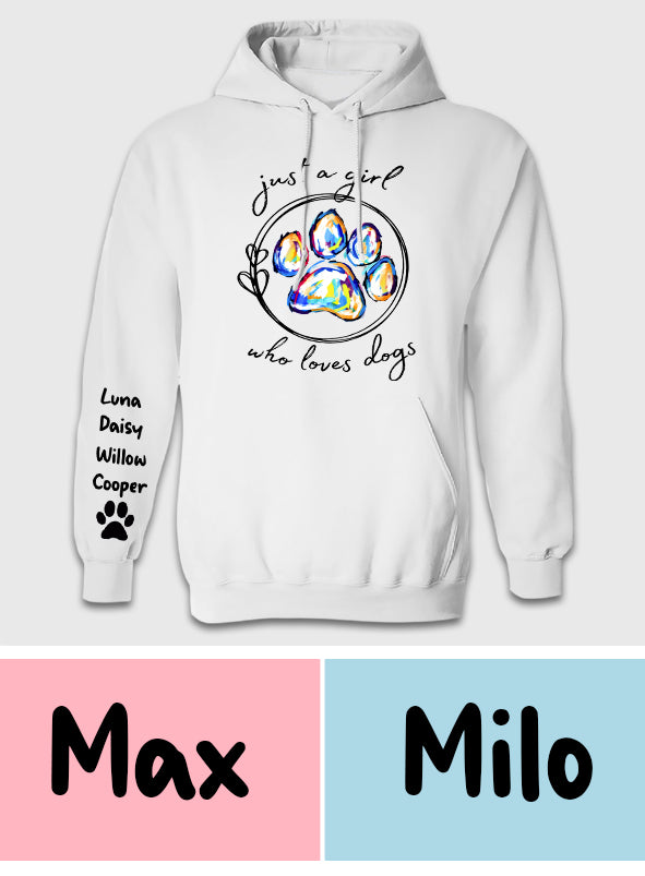 T-shirt personnalisé « Juste une fille qui aime les chiens » avec un motif de chien.