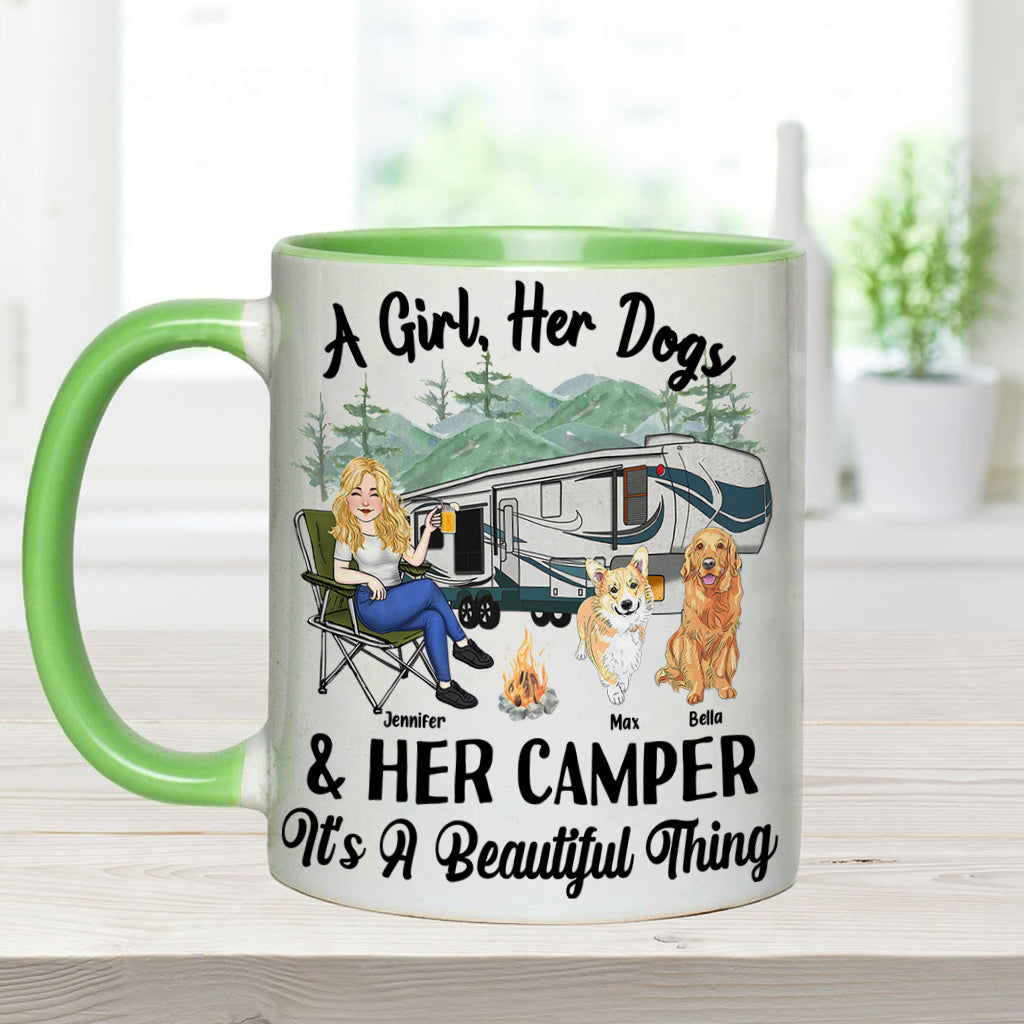 Une fille, son chien et sa caravane - Cadeau de camping pour les amoureux des chiens - Mug personnalisé