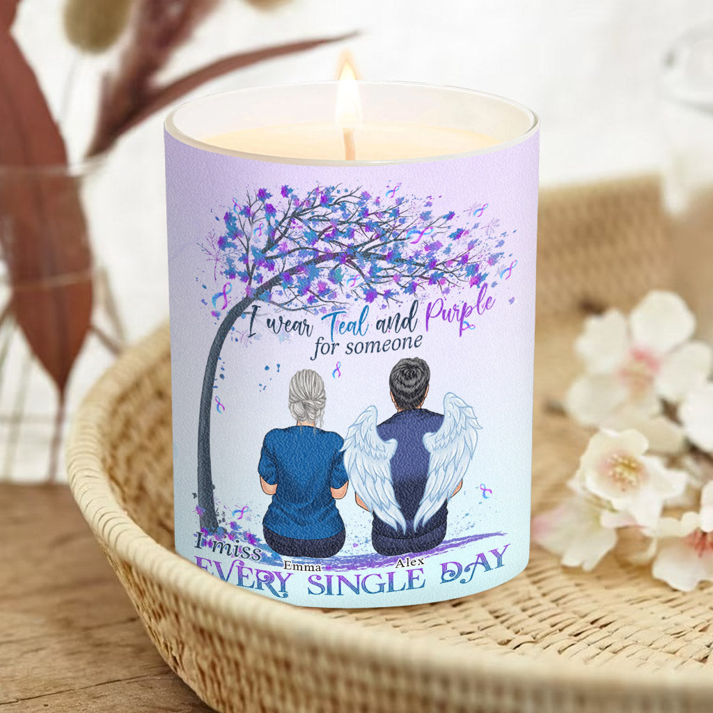 Je porte du turquoise et du violet - Bougie personnalisée de prévention du suicide avec couvercle en bois