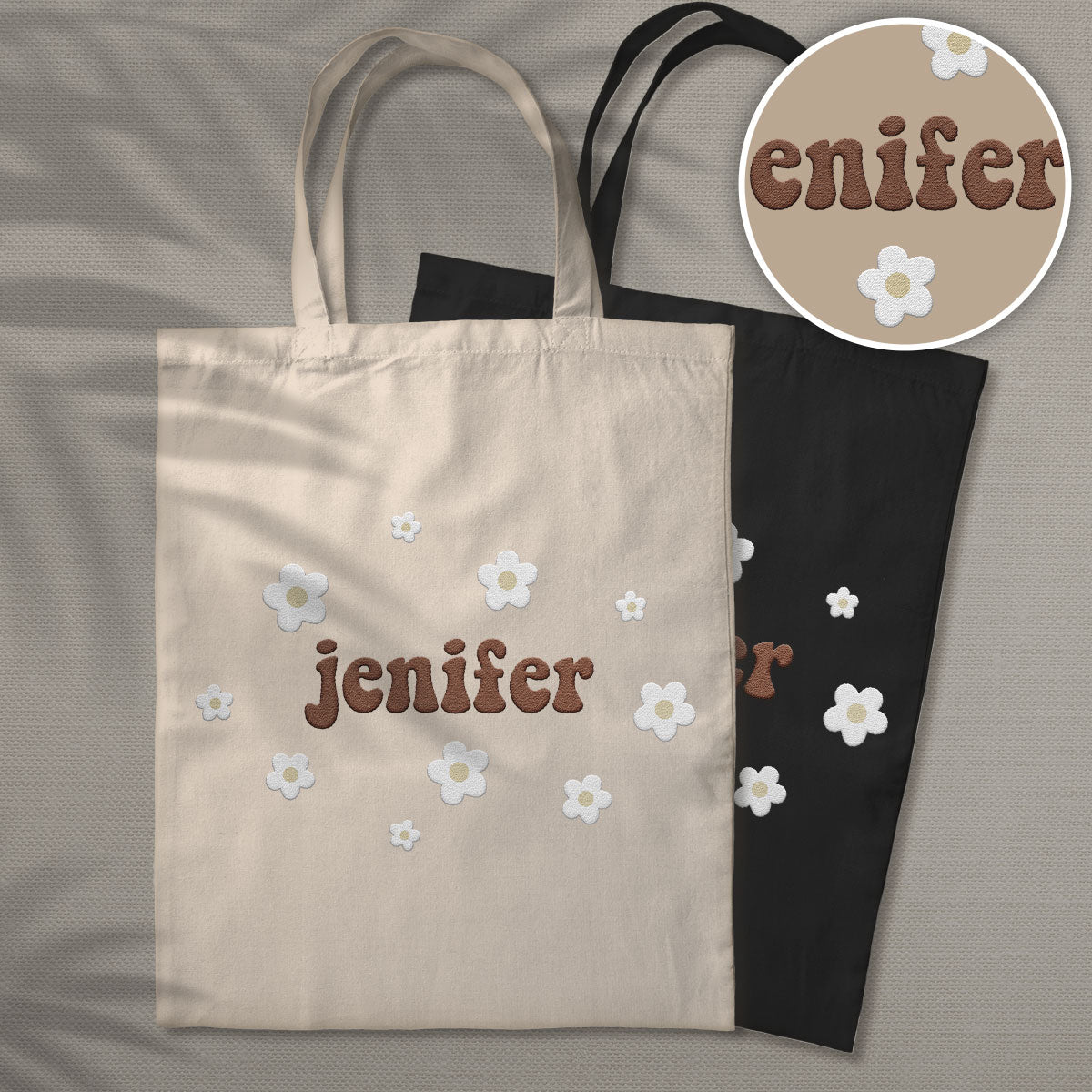 Sac fourre-tout brodé personnalisé avec nom et fleur - Sac fourre-tout brodé personnalisé pour frère/sœur