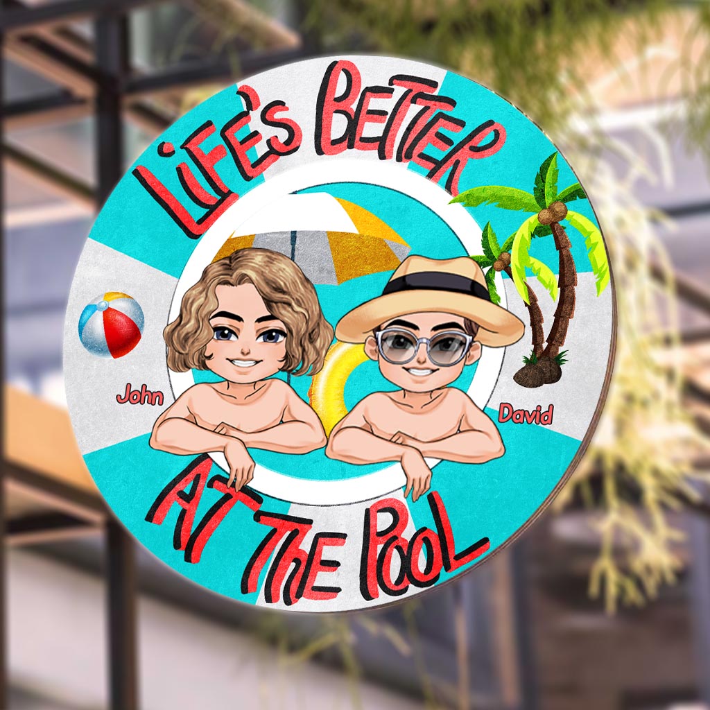 La vie est plus belle à la piscine - Cadeau de jardin pour maman, papa, fille, fils, petite amie, petit ami, femme, mari, sœur, frère, ami - Panneau rond en métal personnalisé