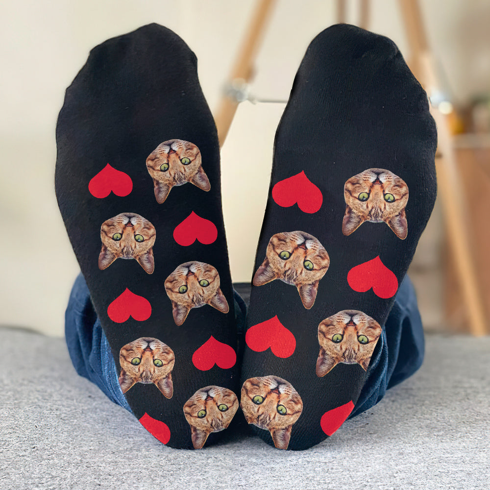 Chaussettes personnalisées pour chat avec motif cœur et visage personnalisé