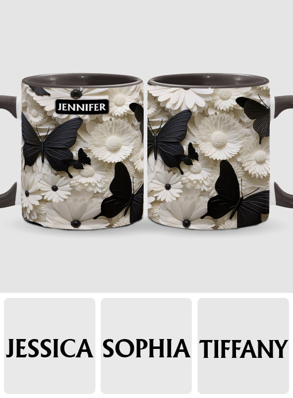 Elegant Black And White Butterflies And Flowers - Personalized Butterfly Accent Mug