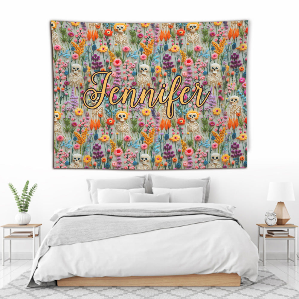 Tapisserie murale personnalisée en forme de crâne avec motif floral squelette