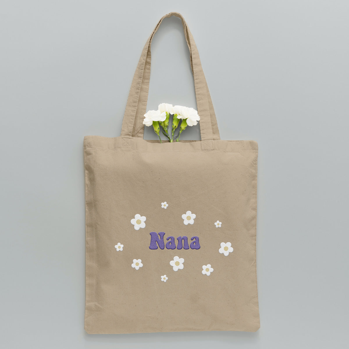 Sac fourre-tout brodé personnalisé avec nom et fleur - Nom de grand-mère - Sac fourre-tout brodé personnalisé