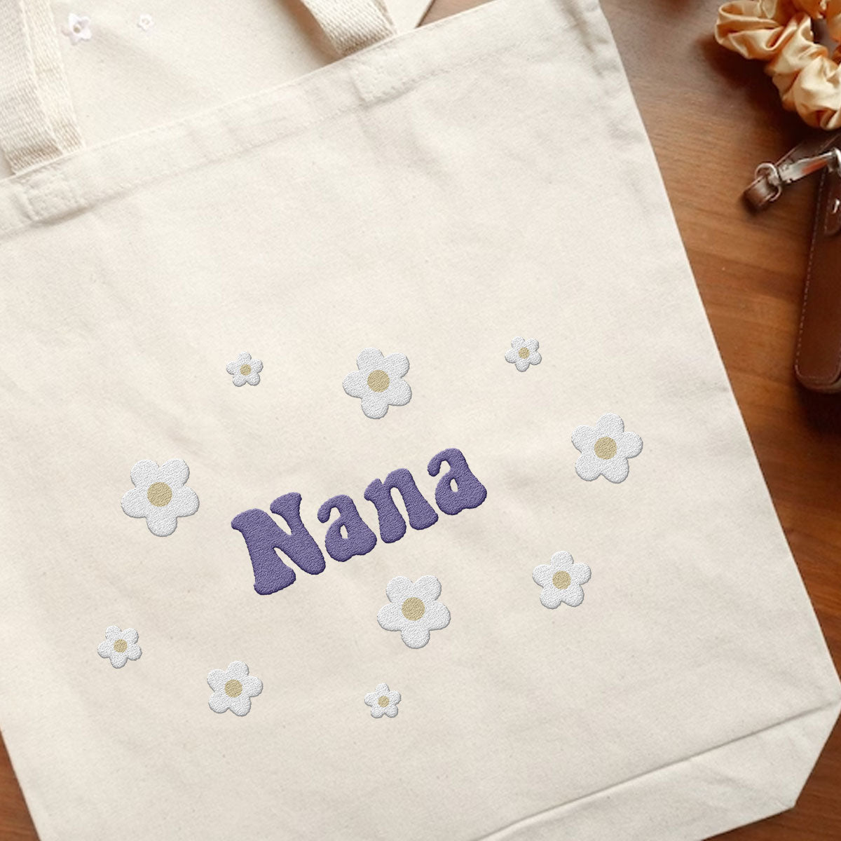 Sac fourre-tout brodé personnalisé avec nom et fleur - Nom de grand-mère - Sac fourre-tout brodé personnalisé