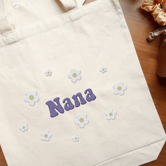 Sac fourre-tout brodé personnalisé avec nom et fleur - Nom de grand-mère - Sac fourre-tout brodé personnalisé