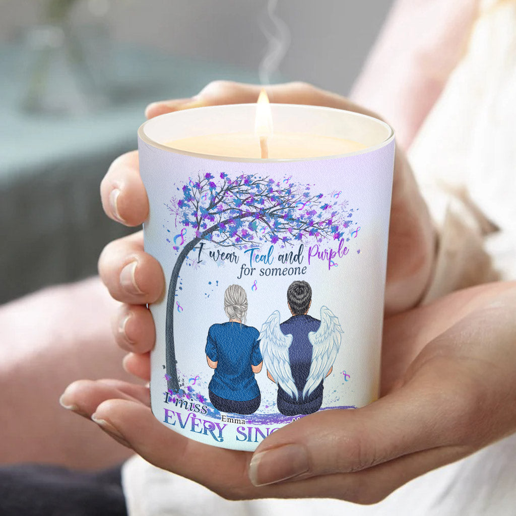 Je porte du turquoise et du violet - Bougie personnalisée de prévention du suicide avec couvercle en bois