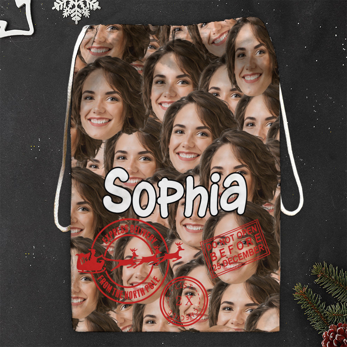 Livraison spéciale Noël Cute Faces - Sac fourre-tout de Noël personnalisé pour toute la famille