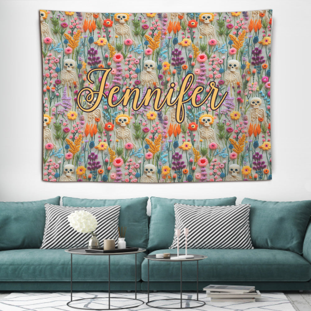 Tapisserie murale personnalisée en forme de crâne avec motif floral squelette