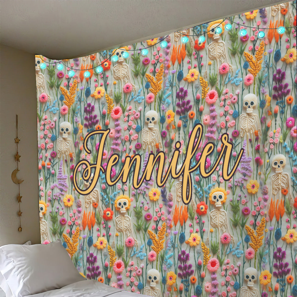 Tapisserie murale personnalisée en forme de crâne avec motif floral squelette