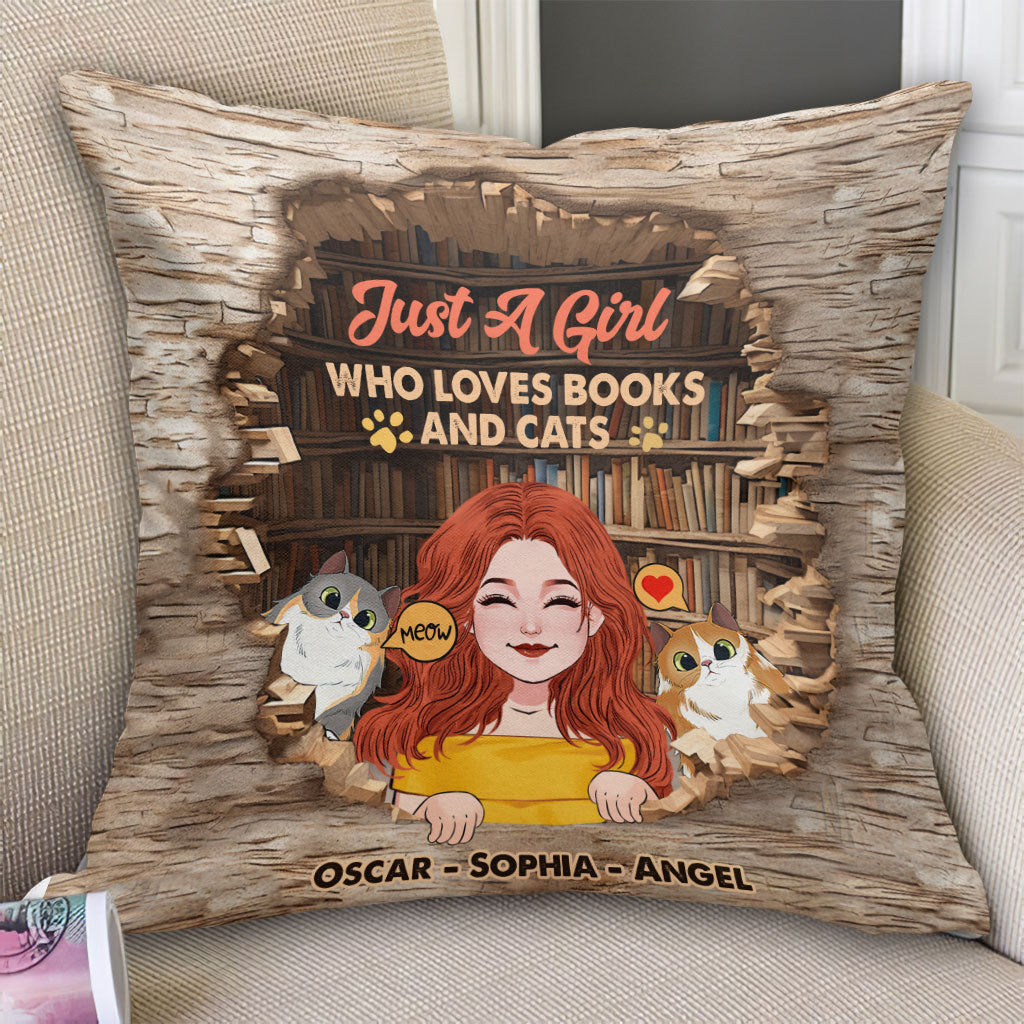 Coussin décoratif personnalisé « J’aime les livres et les chats »