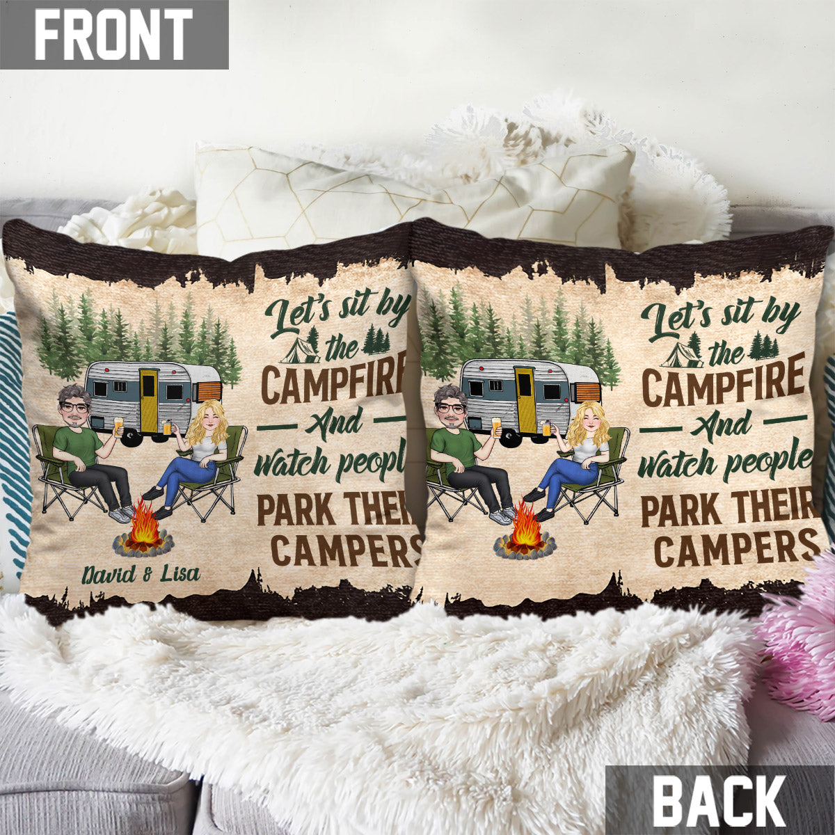 Let's Sit By The Campfire - Personalized Camping Throw Pillow