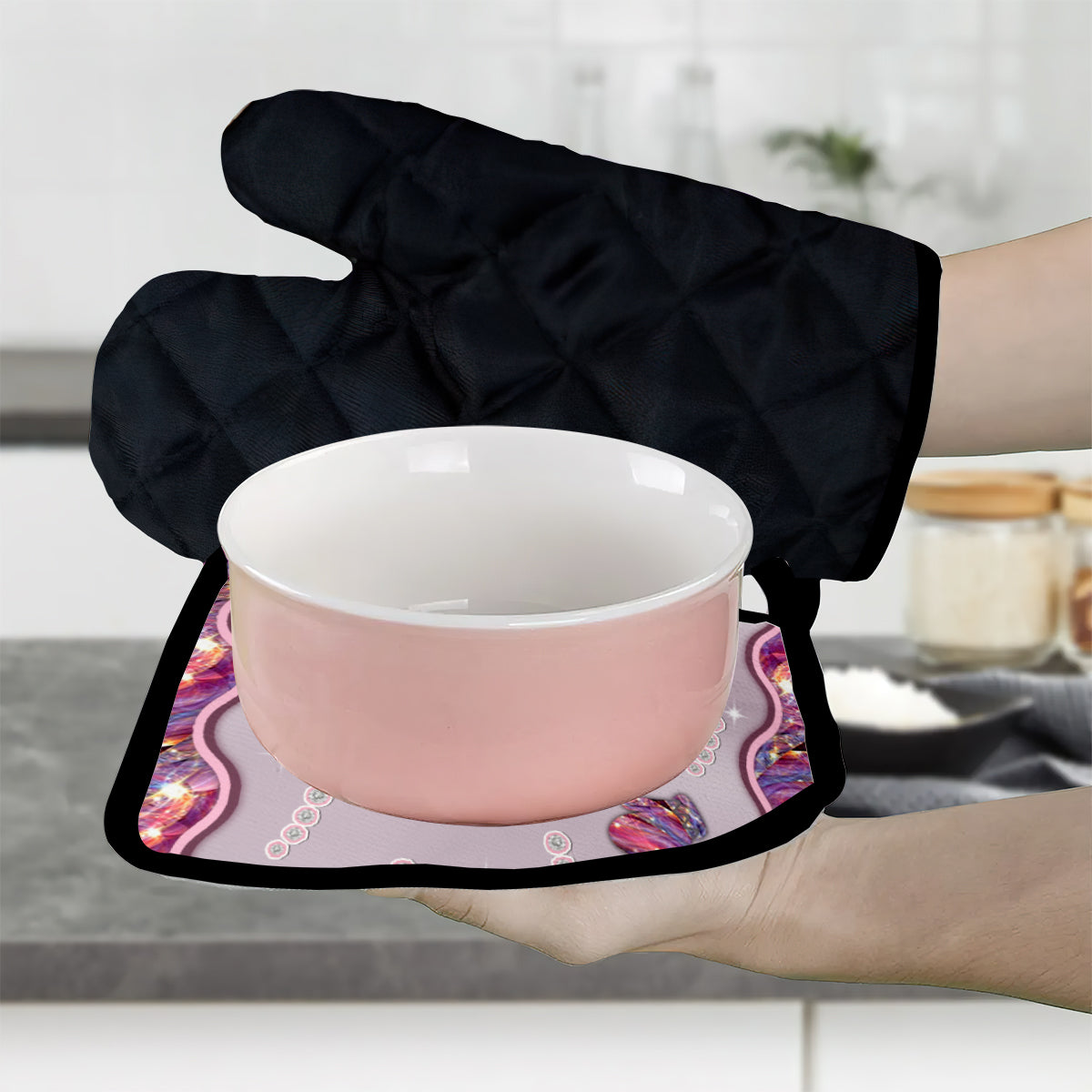 Ensemble de gants de cuisine et maniques personnalisés « Love Baking »