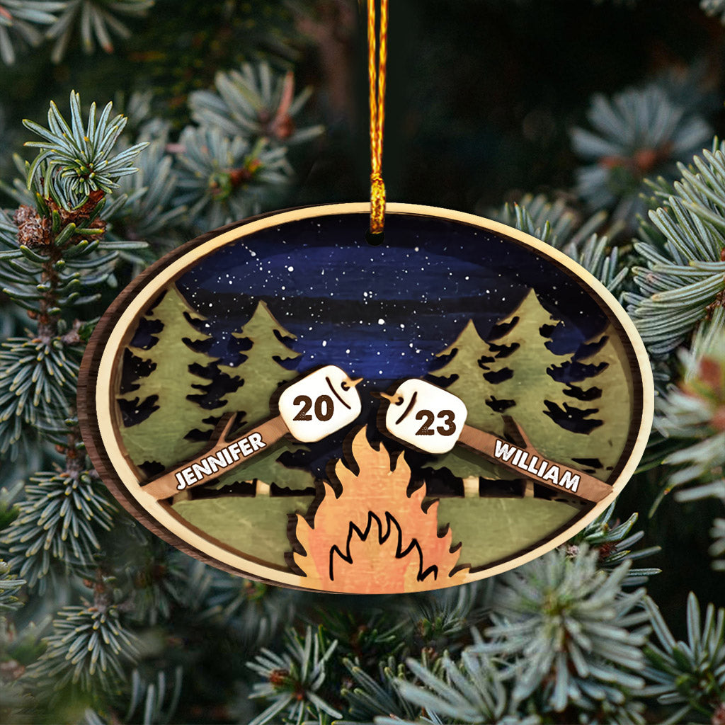 Toasted Marshmallow Camping Night - Personalized Camping 2 Layered Wooden Ornament