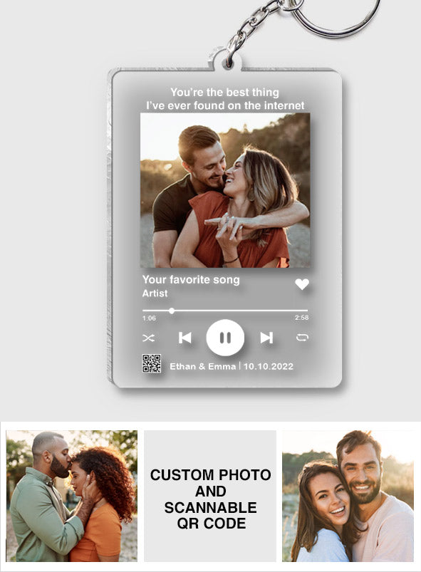 Porte-clés transparent personnalisé pour couple avec photo et chanson préférée (code QR scannable)