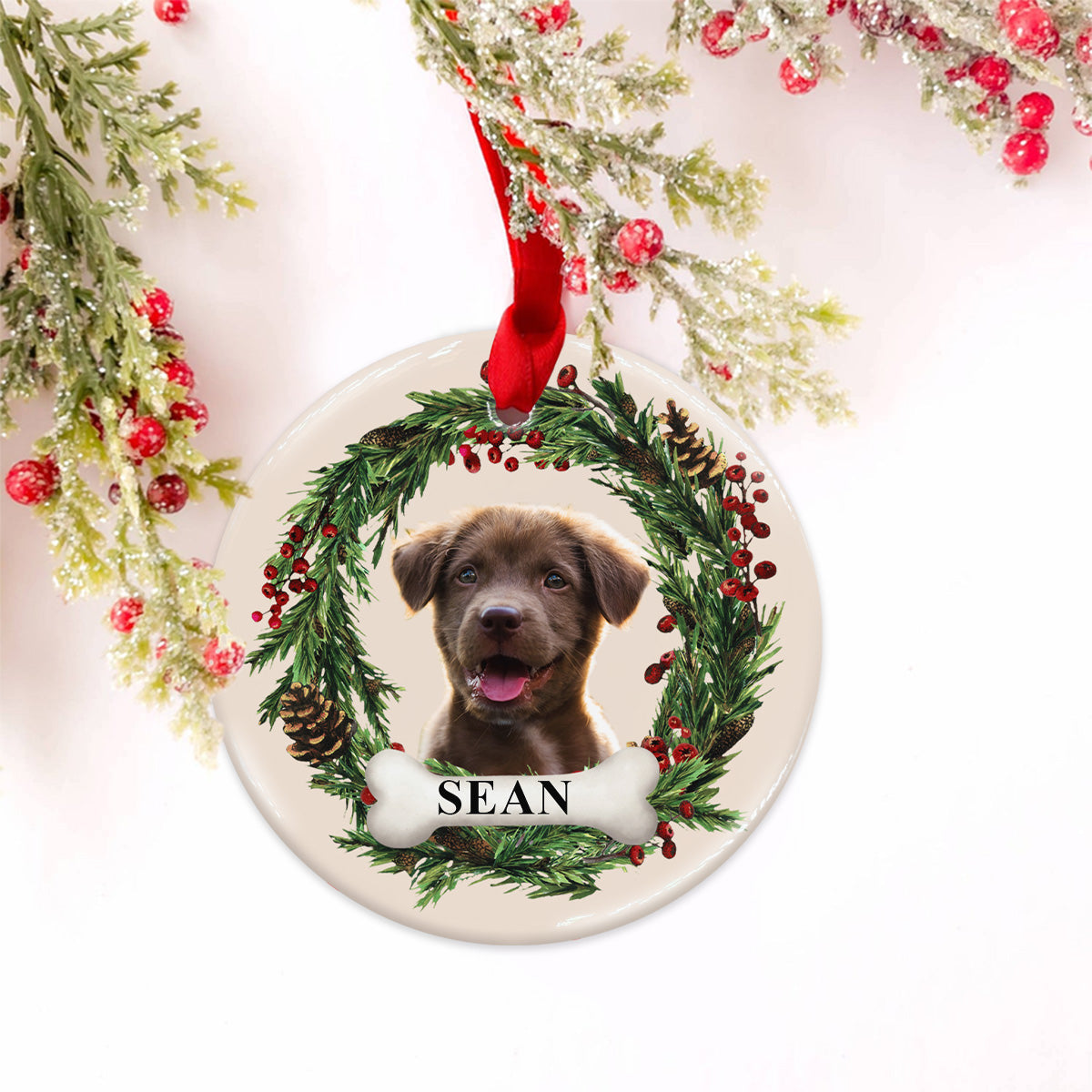 Joli visage de chien/chat - Ornement rond en céramique personnalisé pour chien