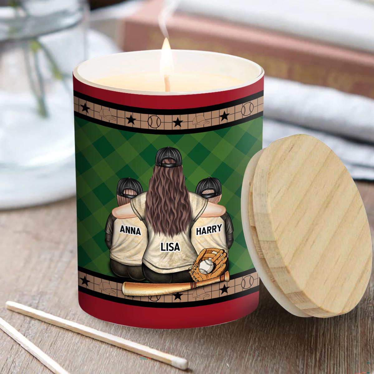 Mon cœur est sur ce terrain - Bougie personnalisée de baseball avec couvercle en bois