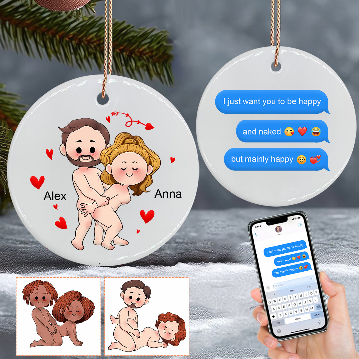 Je veux juste que tu sois heureux - Messages personnalisés avec capture d'écran - Cadeau pour petit ami, petite amie, femme, mari - Ornement rond en céramique personnalisé