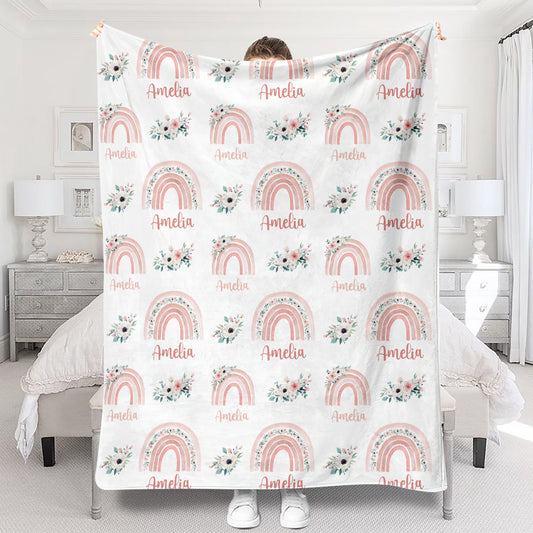 Couverture personnalisée rétro arc-en-ciel avec nom pour petite-fille