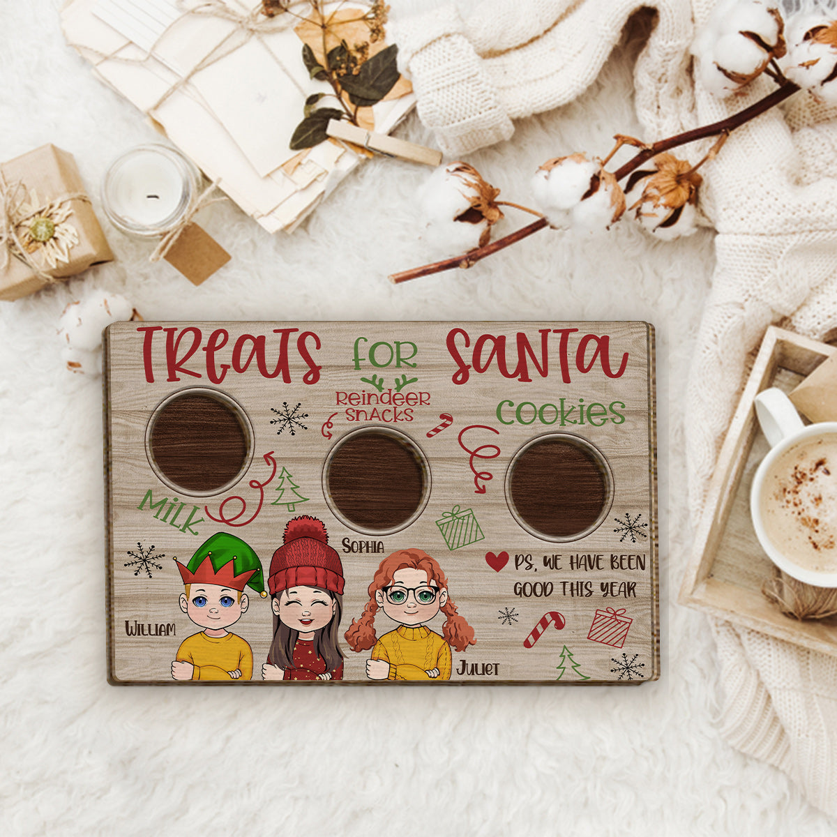 Des friandises pour le Père Noël - Panneau en bois personnalisé à 2 couches pour la famille