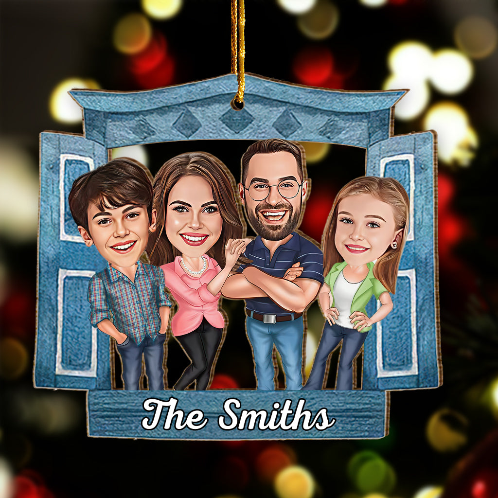 Fenêtre avec portrait caricatural de famille, de couple ou d'amis - Ornement familial personnalisé