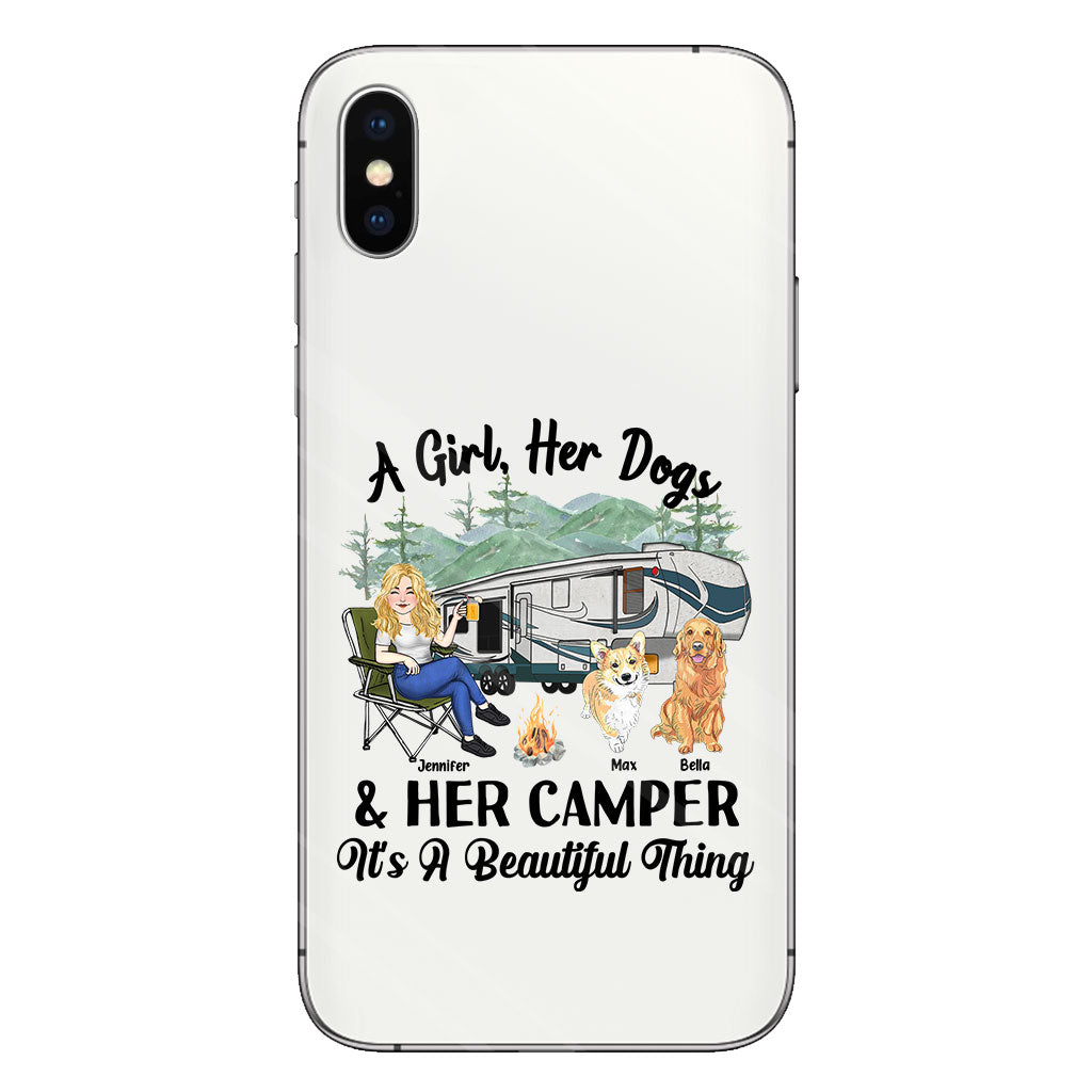 Une fille, son chien et sa caravane - Cadeau de camping pour les amoureux des chiens - Coque de téléphone transparente personnalisée
