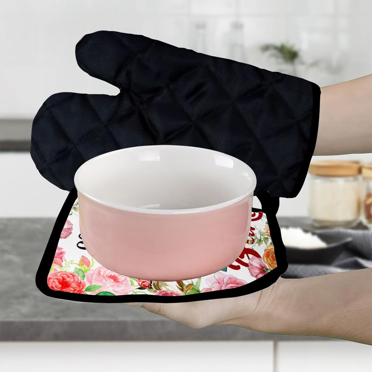 Ensemble de gants de cuisine et maniques personnalisés « Love Baking »